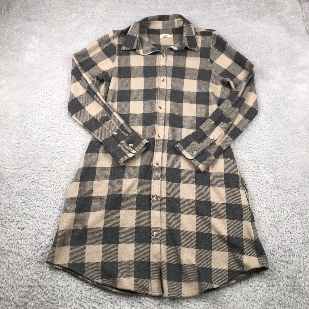 Faherty‎ Legend Sweater Dress Womens M Biege/Gray Plaid Flannel Button Up Shirt